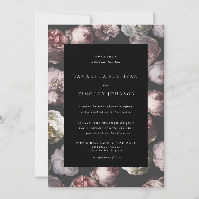 Romantic Moody Delicate Dark Black Floral Wedding Invitation (Front)