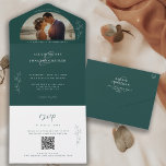 Romantic Moody Emerald Green Wedding Photo All In One Invitation<br><div class="desc">A modern and romantic mood-trending design in a dark emerald green adorned with botanical and calligraphy script accents. Follow the guide above to replace personal wedding details including your favourite photo. An all-in-one wedding invitation that includes an rsvp card with an option to scan the QR code, and/or visit your...</div>