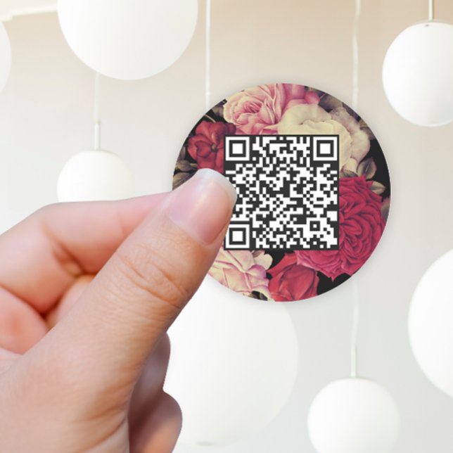 Romantic Moody Floral QR Code Black Classic Round Sticker (Pretty wedding sticker features a beautiful vintage look floral pattern and your qr code.)