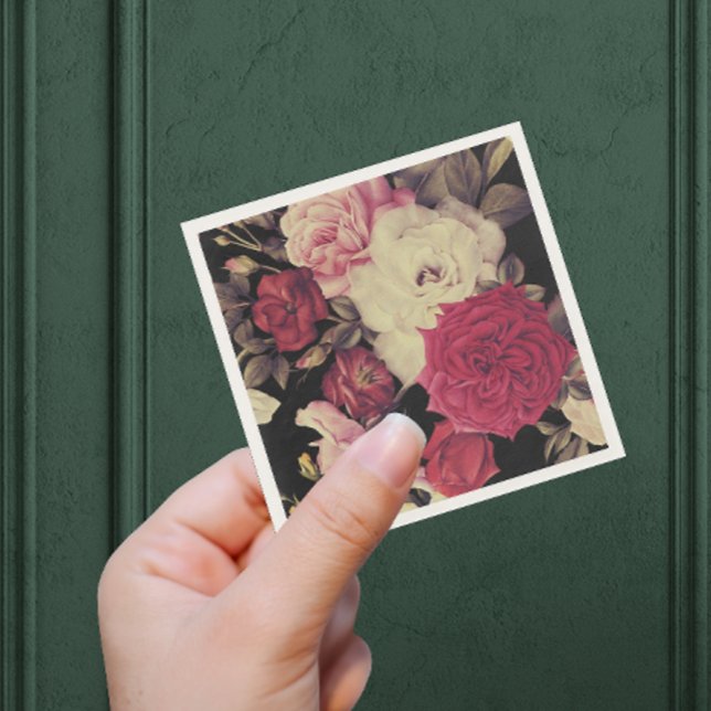 Romantic Moody Floral Wedding Black Napkin (This lovely wedding napkin features lush blooms on an elegant black background.)