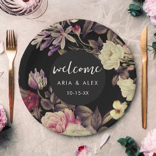 Romantic Moody Floral Wedding Name Date Black Paper Plate