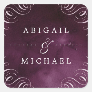 Romantic moody plum calligraphy vintage wedding square sticker