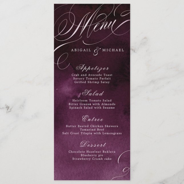 Romantic moody plum calligraphy wedding menu (Front)