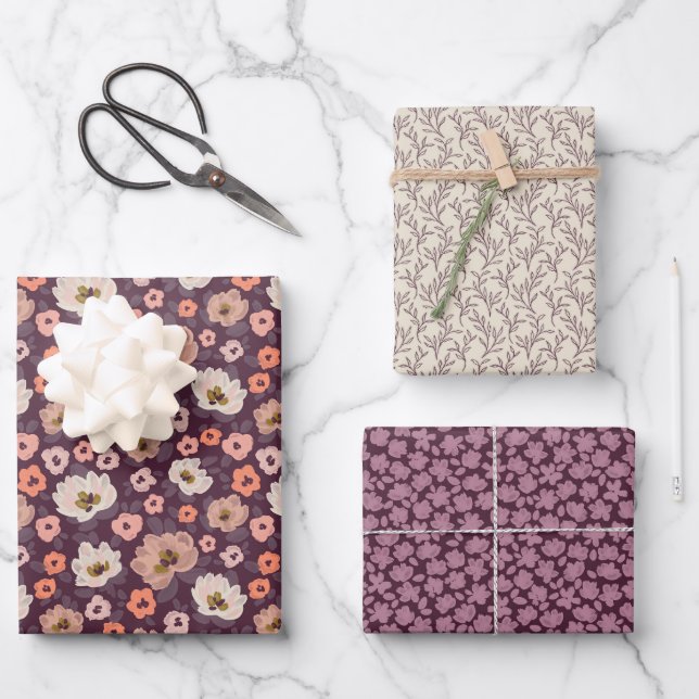 Romantic moody plum purple floral wedding shower wrapping paper sheet (Front)
