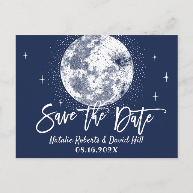 Romantic Moon & Stars Navy Wedding Save the Date Announcement Postcard (Front)