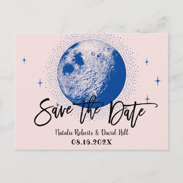 Romantic Moon & Stars Pink Wedding Save the Date Announcement Postcard (Front)