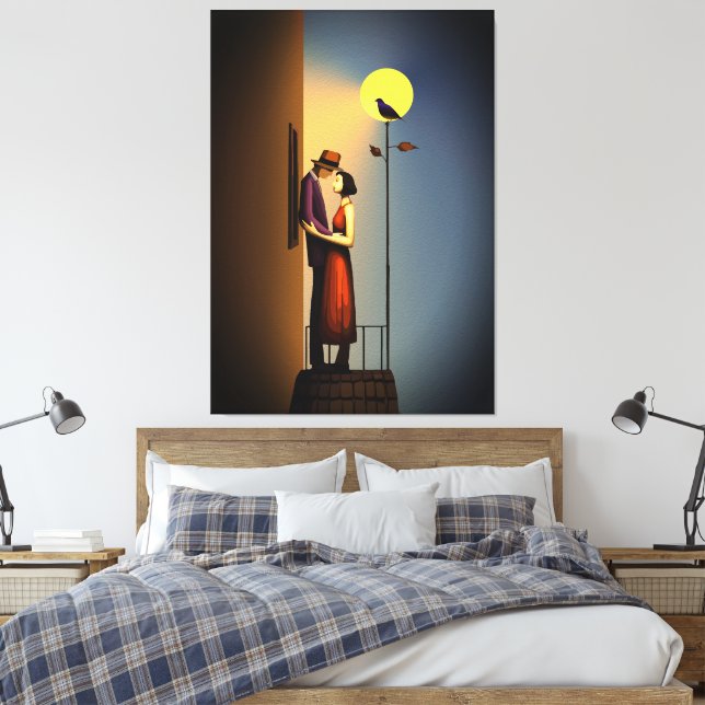 Romantic Moonlight Balcony – Vintage Noir Love Canvas Print (Insitu(Bedroom))