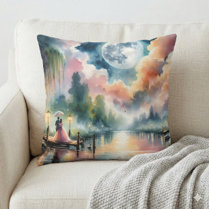 Romantic Moonlight Watercolor Night Scene Cushion