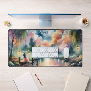 Romantic Moonlight Watercolor Night Scene Desk Mat