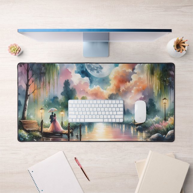 Romantic Moonlight Watercolor Night Scene Desk Mat (Office 1)