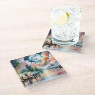 Romantic Moonlight Watercolor Night Scene Glass Coaster
