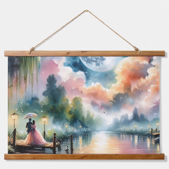 Romantic Moonlight Watercolor Night Scene Hanging Tapestry (Front)