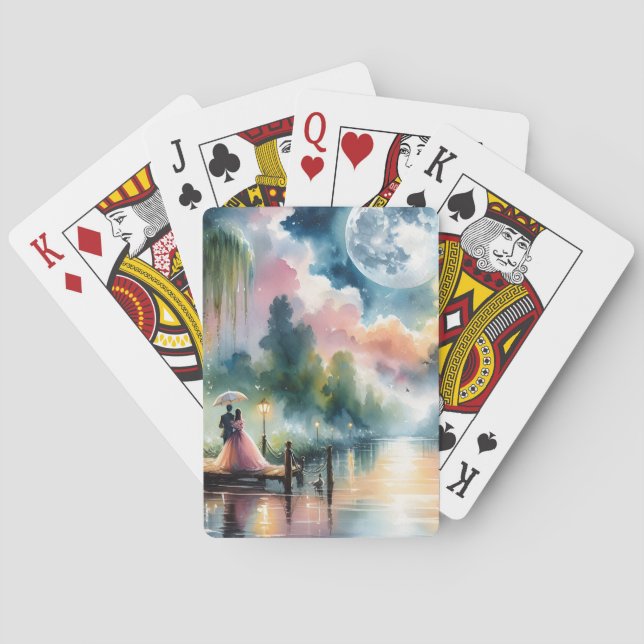 Romantic Moonlight Watercolor Night Scene Playing Cards (Back)