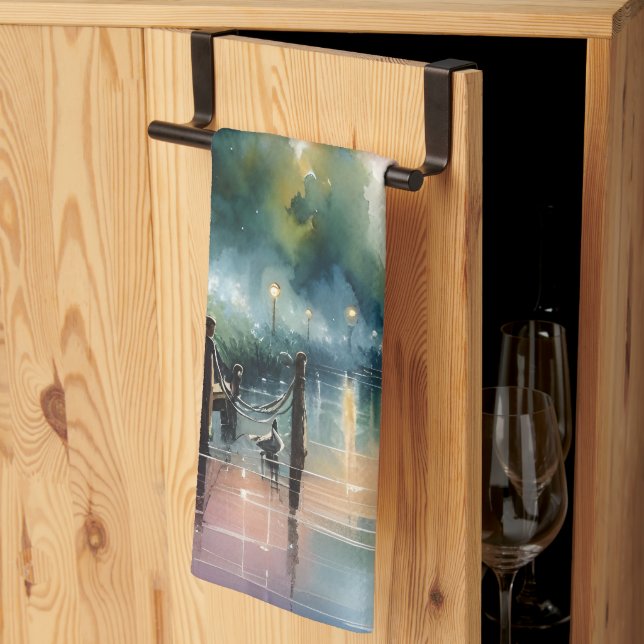 Romantic Moonlight Watercolor Night Scene Tea Towel (Thirds Fold)