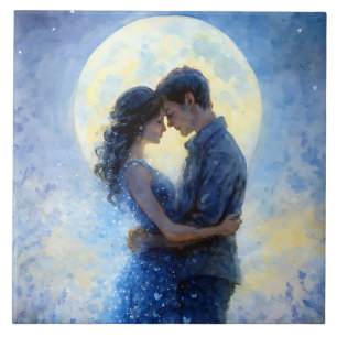 Romantic Moonlit Couple Watercolor Art Dreamy Blue Tile