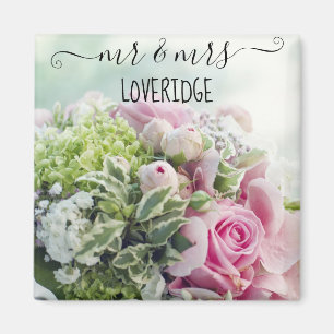 Romantic Mr. & Mrs. Pink Rose Floral Wedding Magnet