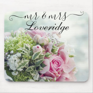 Romantic Mr. & Mrs. Pink Rose Floral Wedding Mouse Mat