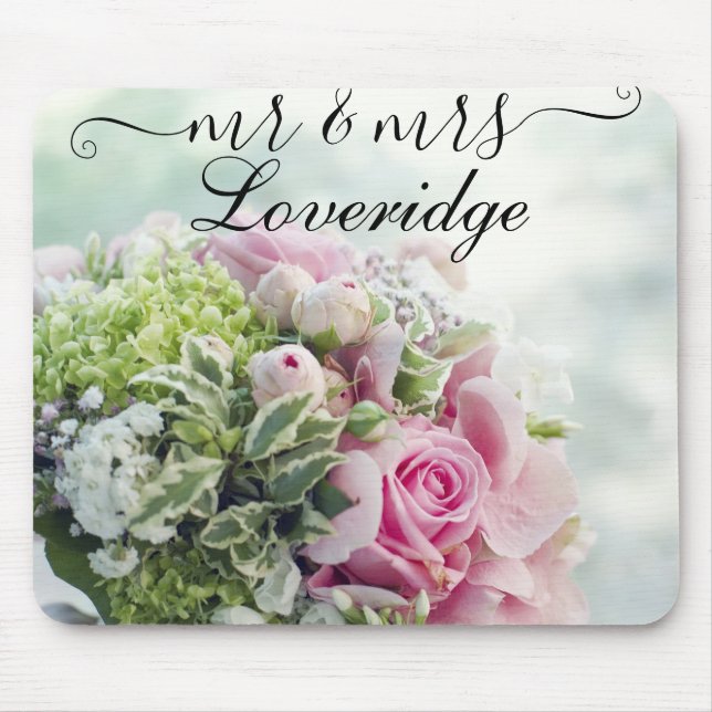 Romantic Mr. & Mrs. Pink Rose Floral Wedding Mouse Mat (Front)