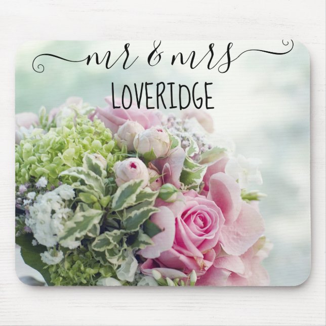 Romantic Mr. & Mrs. Pink Rose Floral Wedding Mouse Mat (Front)