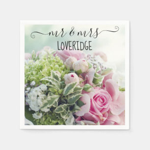 Romantic Mr. & Mrs. Pink Rose Floral Wedding Napkin