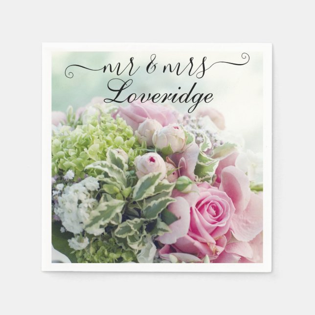 Romantic Mr. & Mrs. Pink Rose Floral Wedding Napkin (Front)