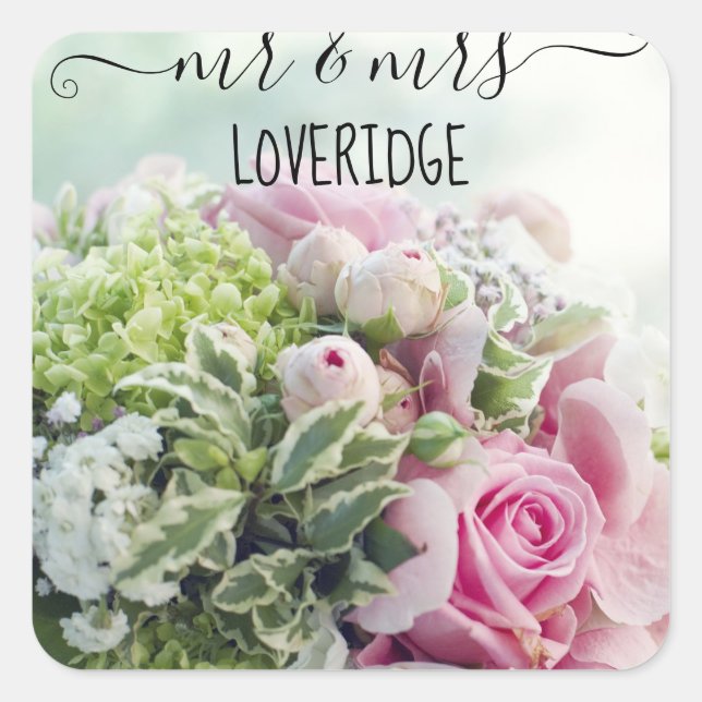 Romantic Mr. & Mrs. Pink Rose Floral Wedding Square Sticker (Front)