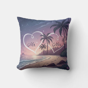 Romantic Mr. & Mrs. Sunset Beach Illustration – Tr Cushion