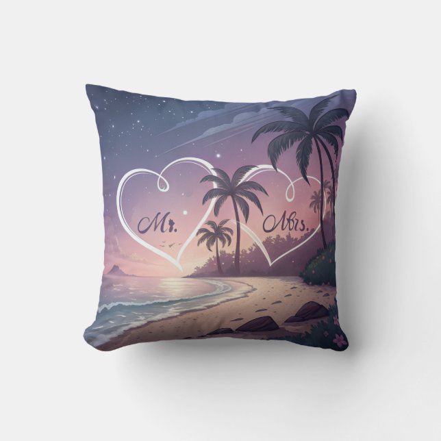 Romantic Mr. & Mrs. Sunset Beach Illustration – Tr Cushion (Front)
