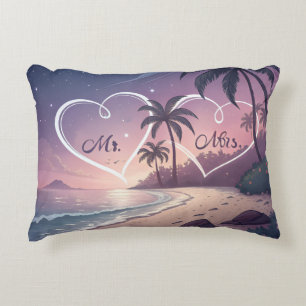 Romantic Mr. & Mrs. Sunset Beach Illustration – Tr Decorative Cushion