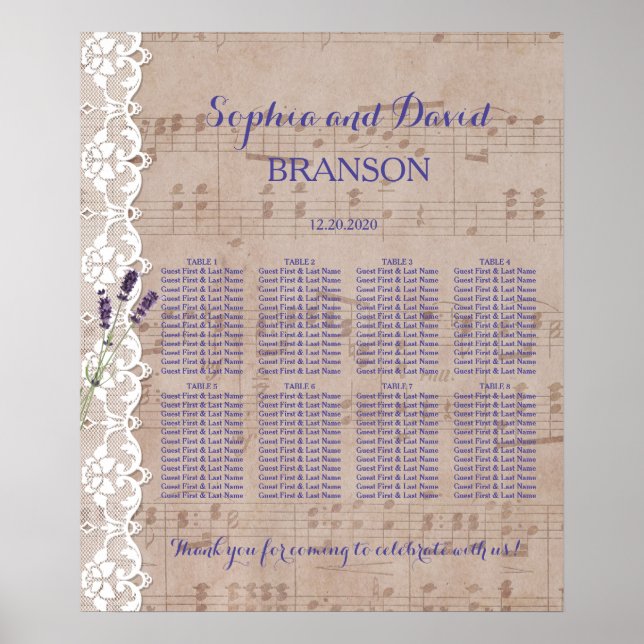 Romantic Music Lavender Wedding Seating Chart (Front)