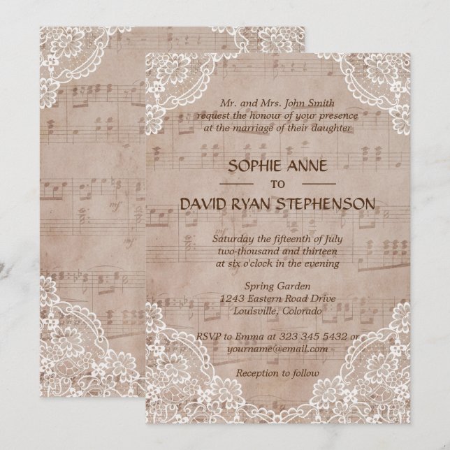 Romantic Music Sheet And Lace Wedding Invitation (Front/Back)