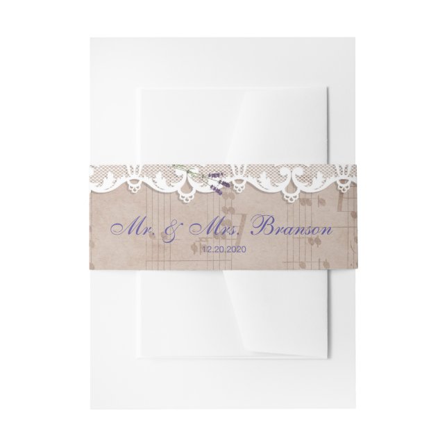 Romantic Music Sheet Lavender Lace Wedding Invitation Belly Band (Front Example)