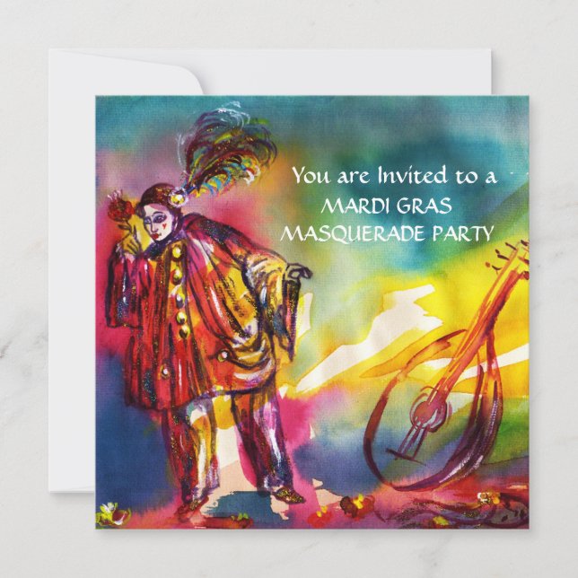 ROMANTIC MUSICAL PIERROT AND ROSES Mardi Gras Invitation (Front)