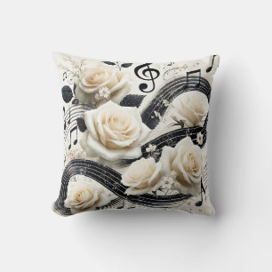 Romantic Musical Rose – Elegant Cream Black Music Cushion