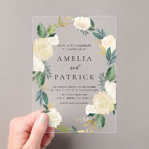 Romantic Muted Floral Wreath with Greenery Wedding Acrylic Invitations