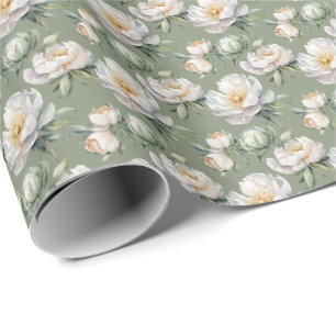 Romantic Muted Sage Green and White Peony Floral Wrapping Paper