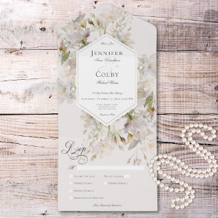 Romantic Muted White & Pink Floral Dinner All In One Invitation