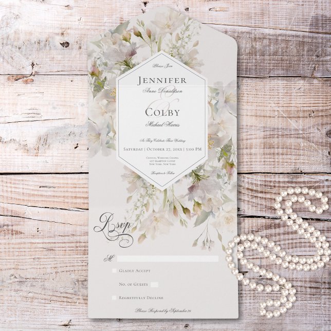 Romantic Muted White & Pink Floral No Dinner All In One Invitation (Romantic Muted White & Pink Floral No Dinner All In One Invitation)
