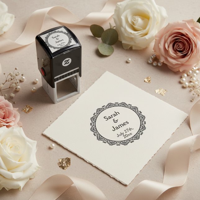 Romantic Names and Date Round Wedding Stamp (Custom newlyweds names and wedding date pre inked round stamp.)