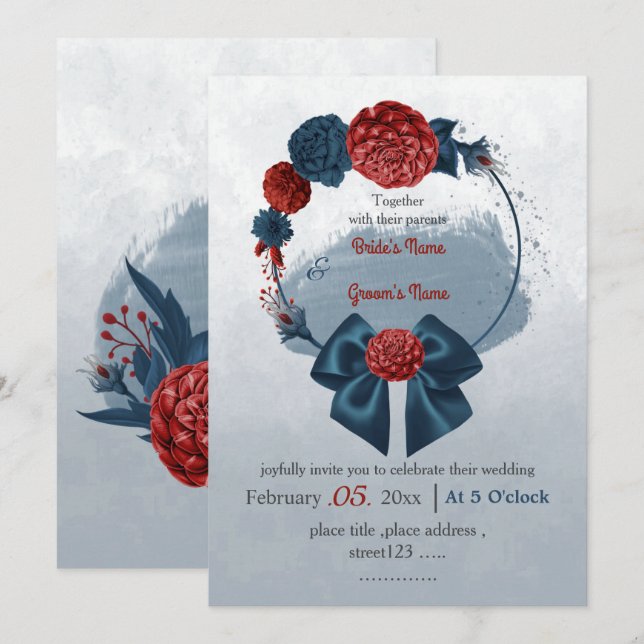 romantic navy and burgundy floral wreath wedding invitation (Front/Back)