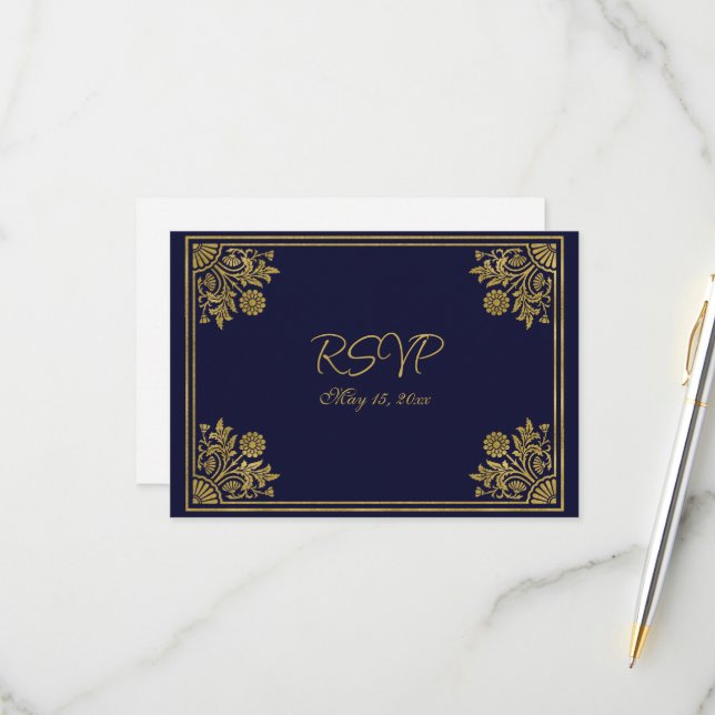 Romantic Navy and Gold Frame   RSVP Card (Front/Back In Situ)