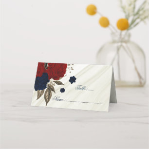 Romantic navy and red flowers marble place card