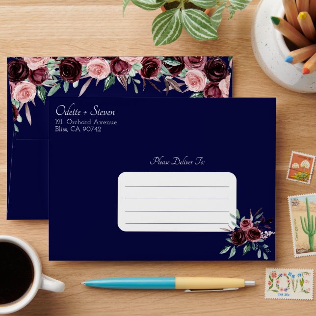 Romantic Navy Blue and Burgundy Blush Wedding Envelope (Desk)