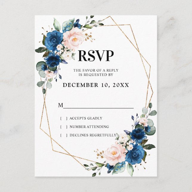 Romantic Navy Blue Blush Botanical Geometric RSVP Postcard (Front)