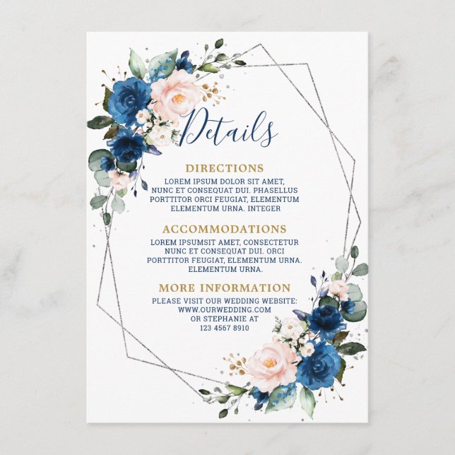 Romantic Navy Blue Blush Floral Geometric Wedding  Enclosure Card (Front)
