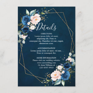 Romantic Navy Blue Blush Floral Geometric Wedding Enclosure Card