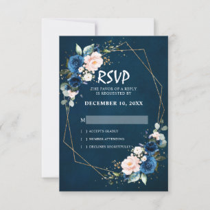 Romantic Navy blue Blush Pink Floral Geometric RSVP Card