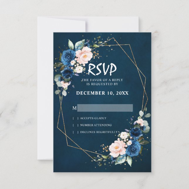 Romantic Navy blue Blush Pink Floral Geometric RSVP Card (Front)