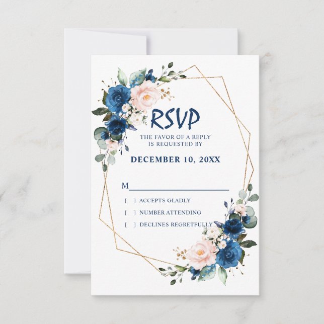 Romantic Navy blue Blush Pink Floral Geometric RSVP Card (Front)