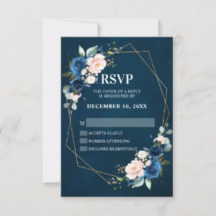 Romantic Navy blue Blush Pink Floral Geometric RSVP Card
